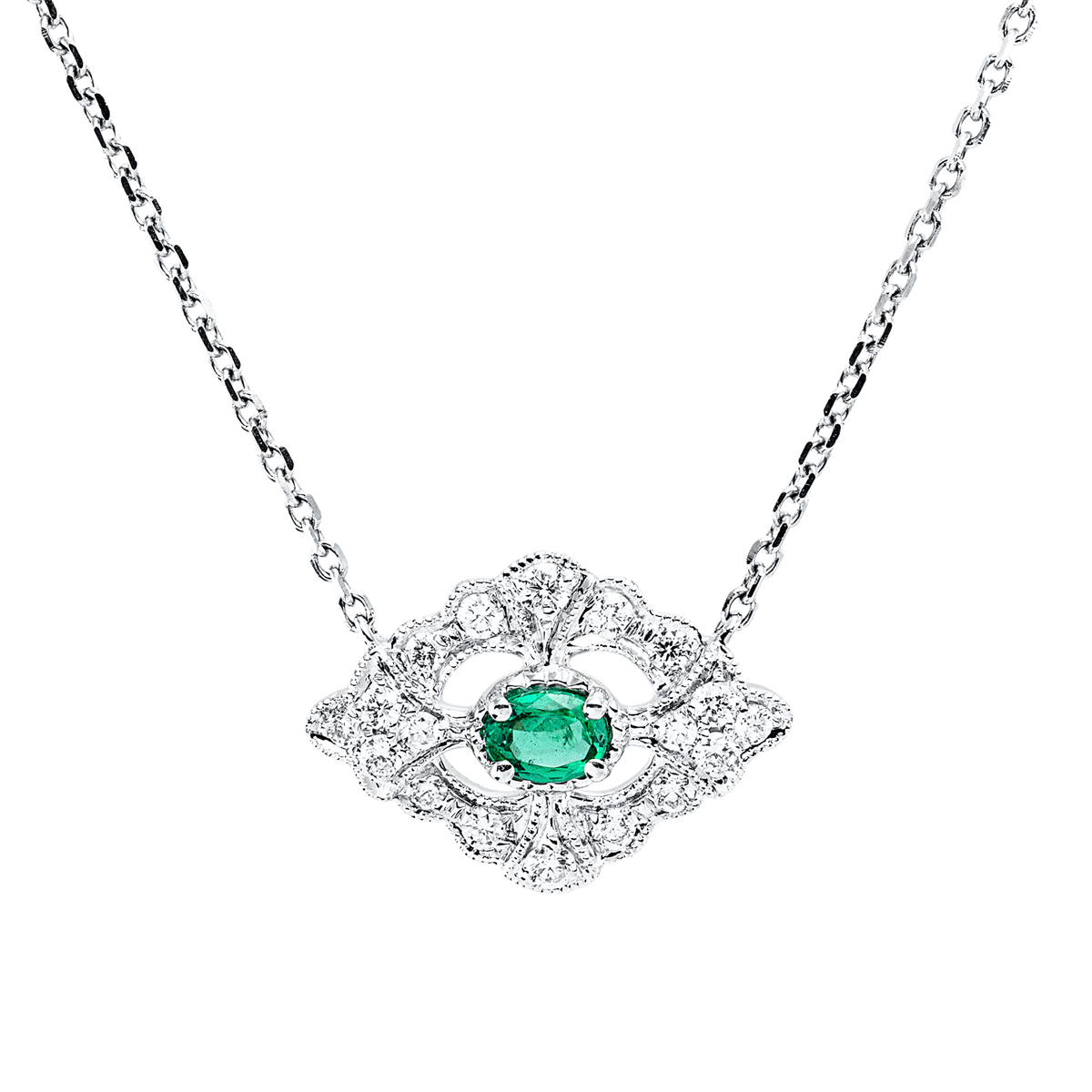diamond full cut emerald colored stone classic necklace in white gold