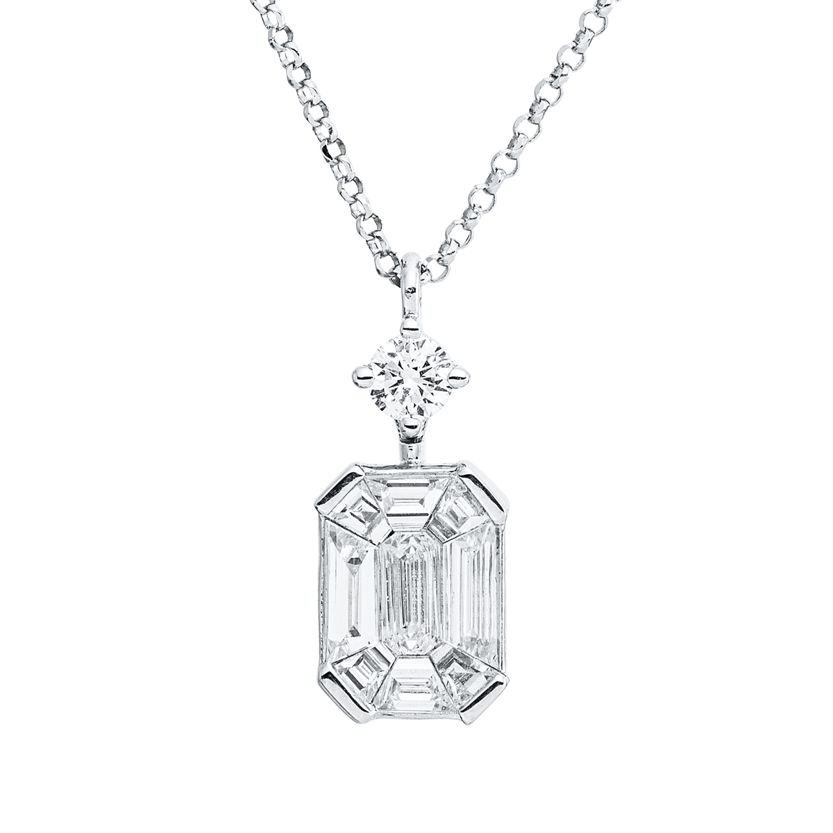 diamond full cut baguette illusion necklace in white gold