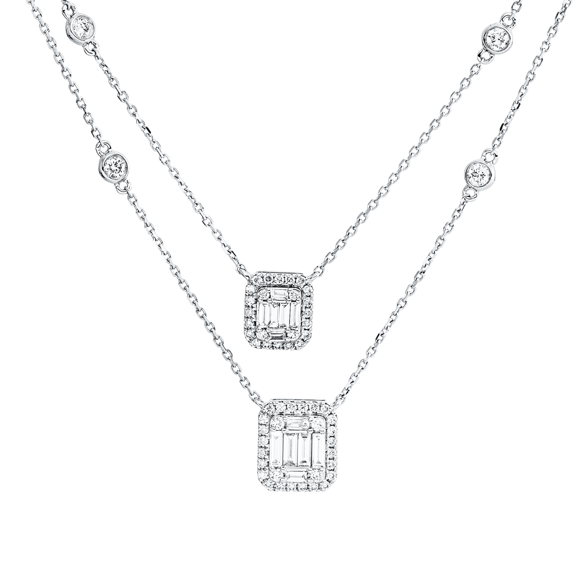 diamond full cut baguette illusion necklace in white gold
