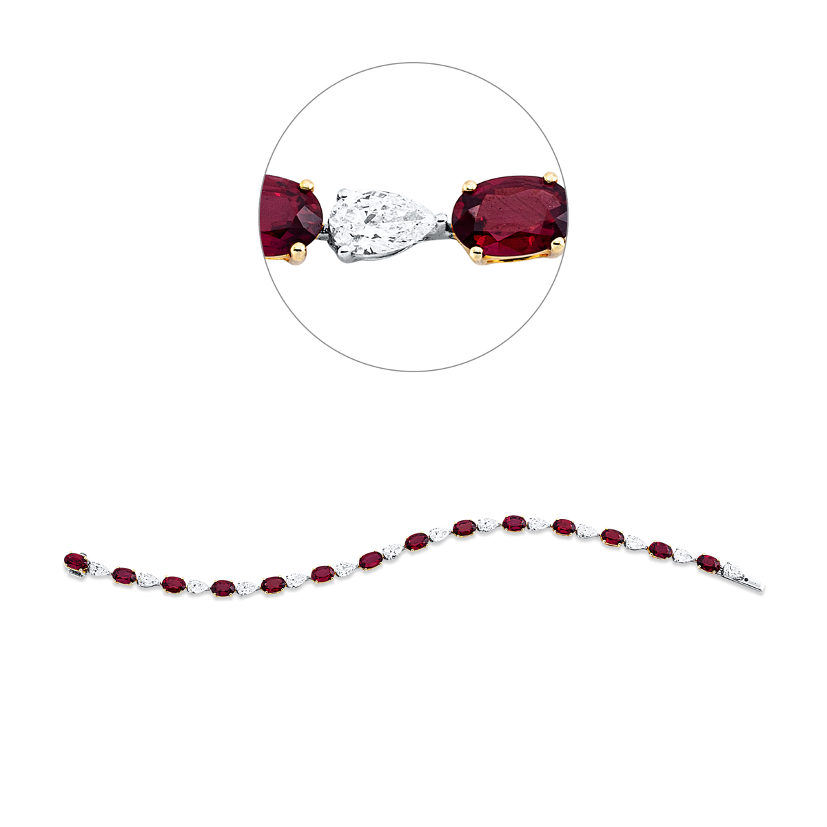pear shape ruby colored stone classic bracelet in white gold / yellow gold