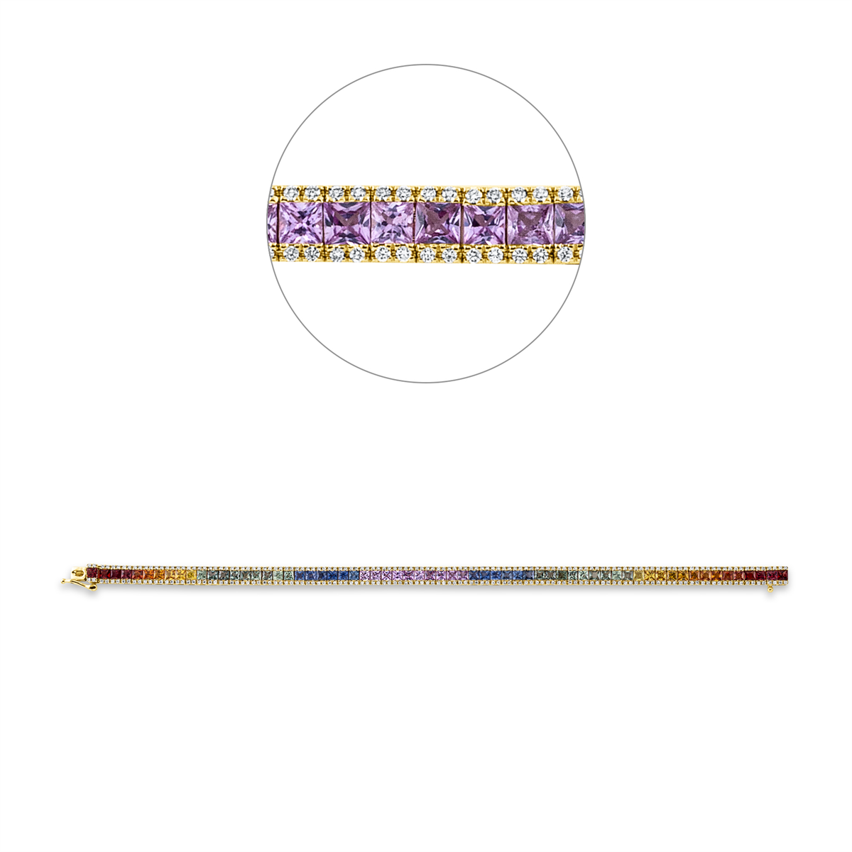 diamond full cut sapphire rainbow & multicolor bracelet in yellow gold
