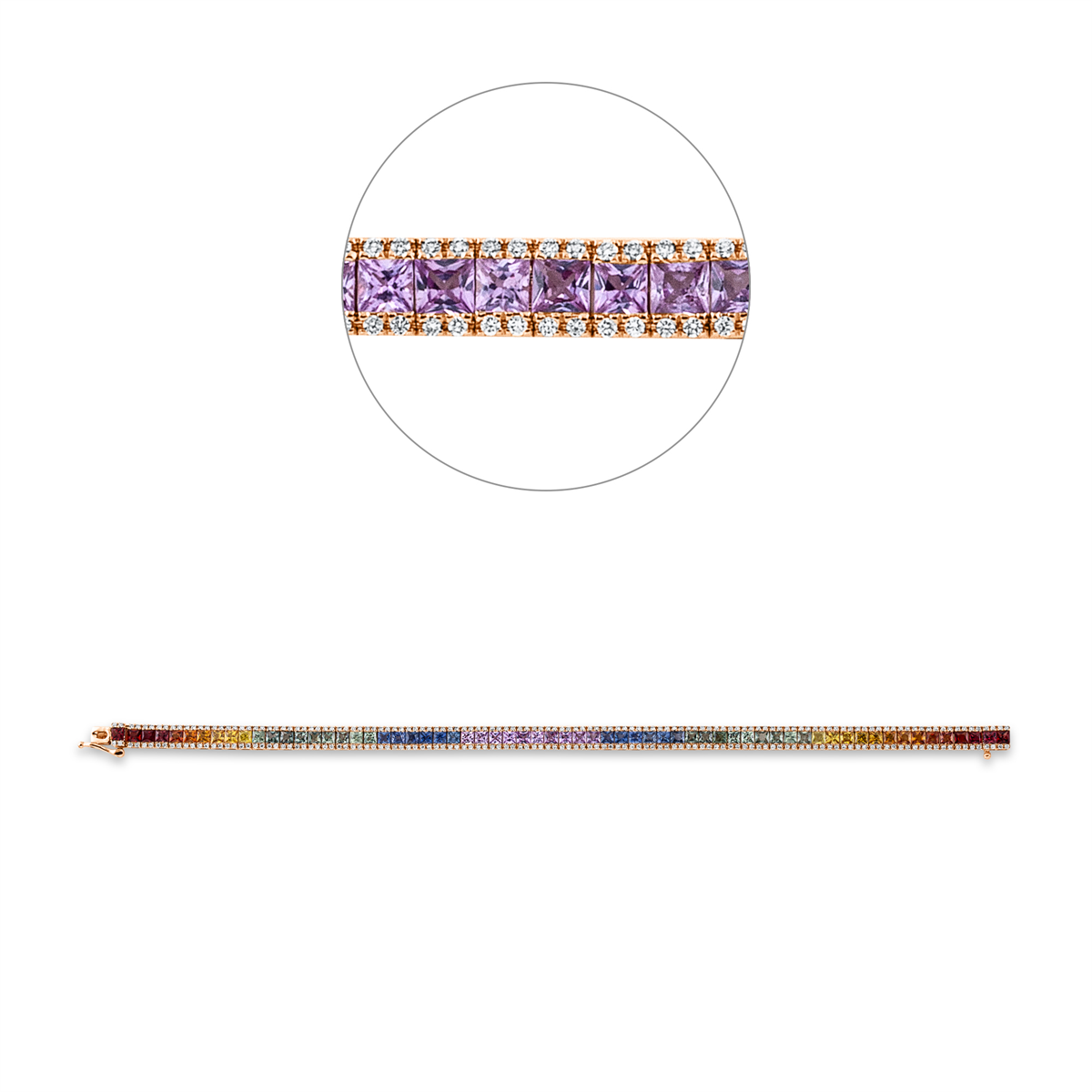 diamond full cut sapphire rainbow & multicolor bracelet in red gold
