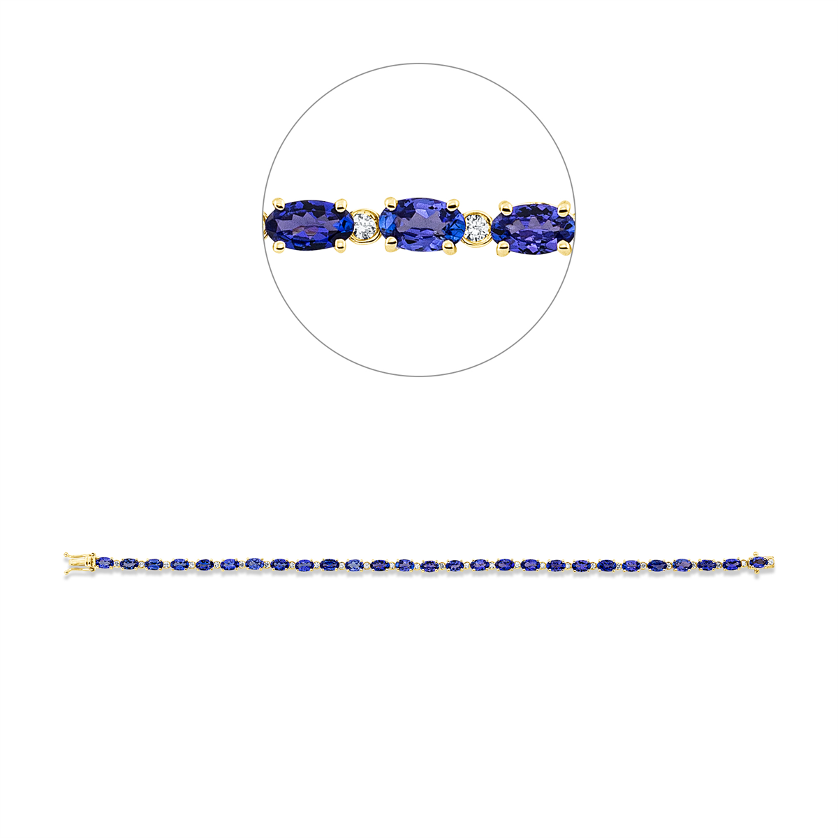 diamond full cut tanzanite colored stone classic bracelet in yellow gold