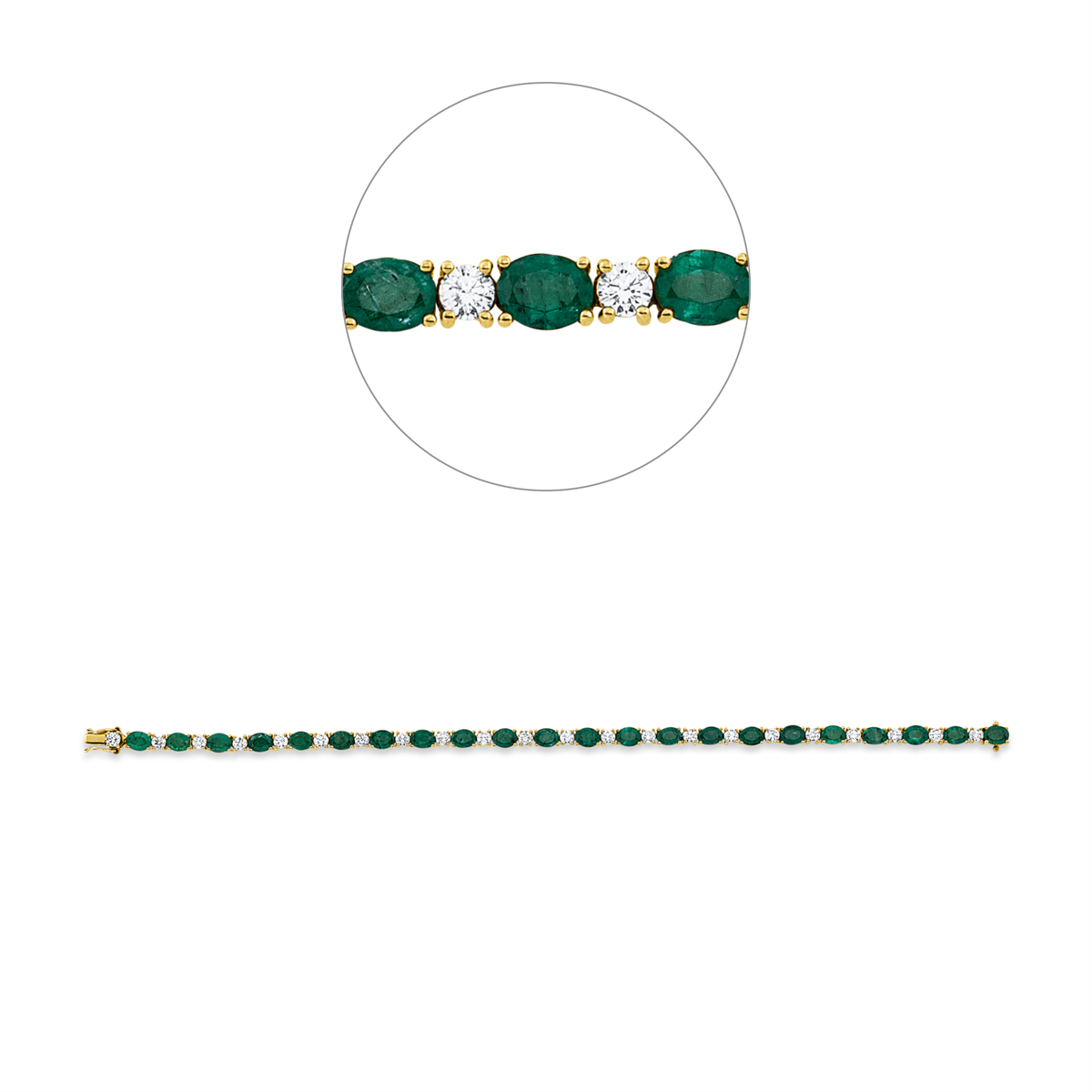 diamond full cut emerald colored stone classic bracelet in yellow gold