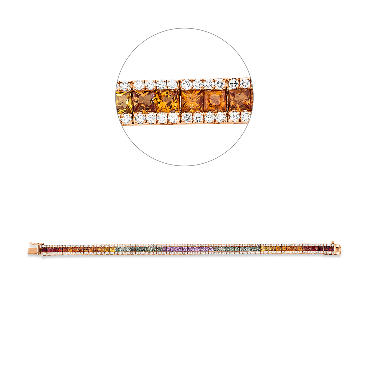 diamond full cut sapphire rainbow & multicolor bracelet in red gold