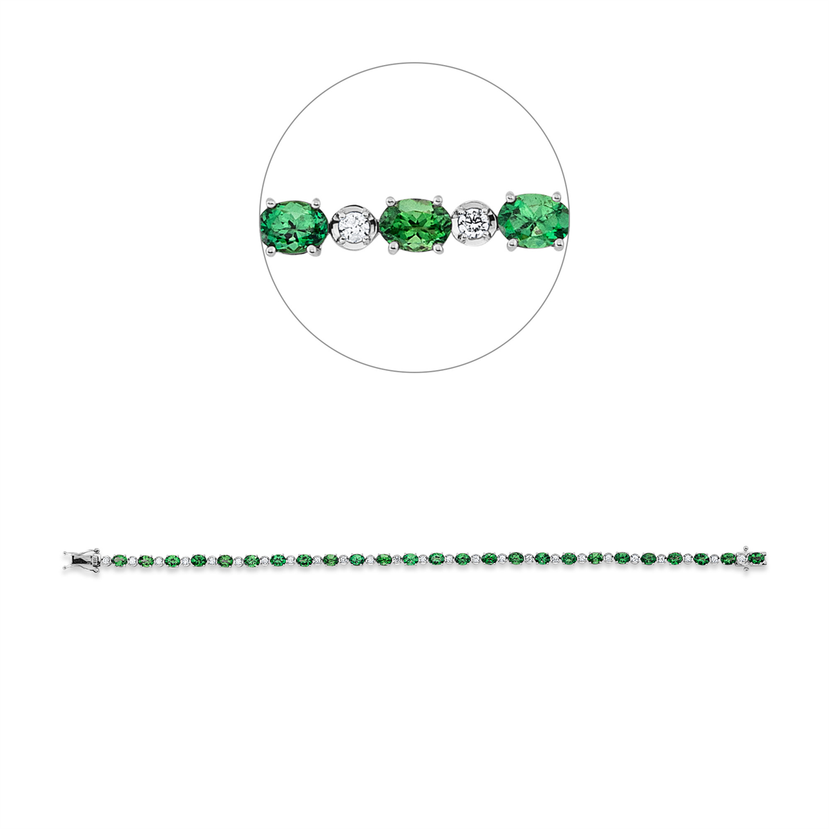diamond full cut tsavorite colored stone classic bracelet in white gold