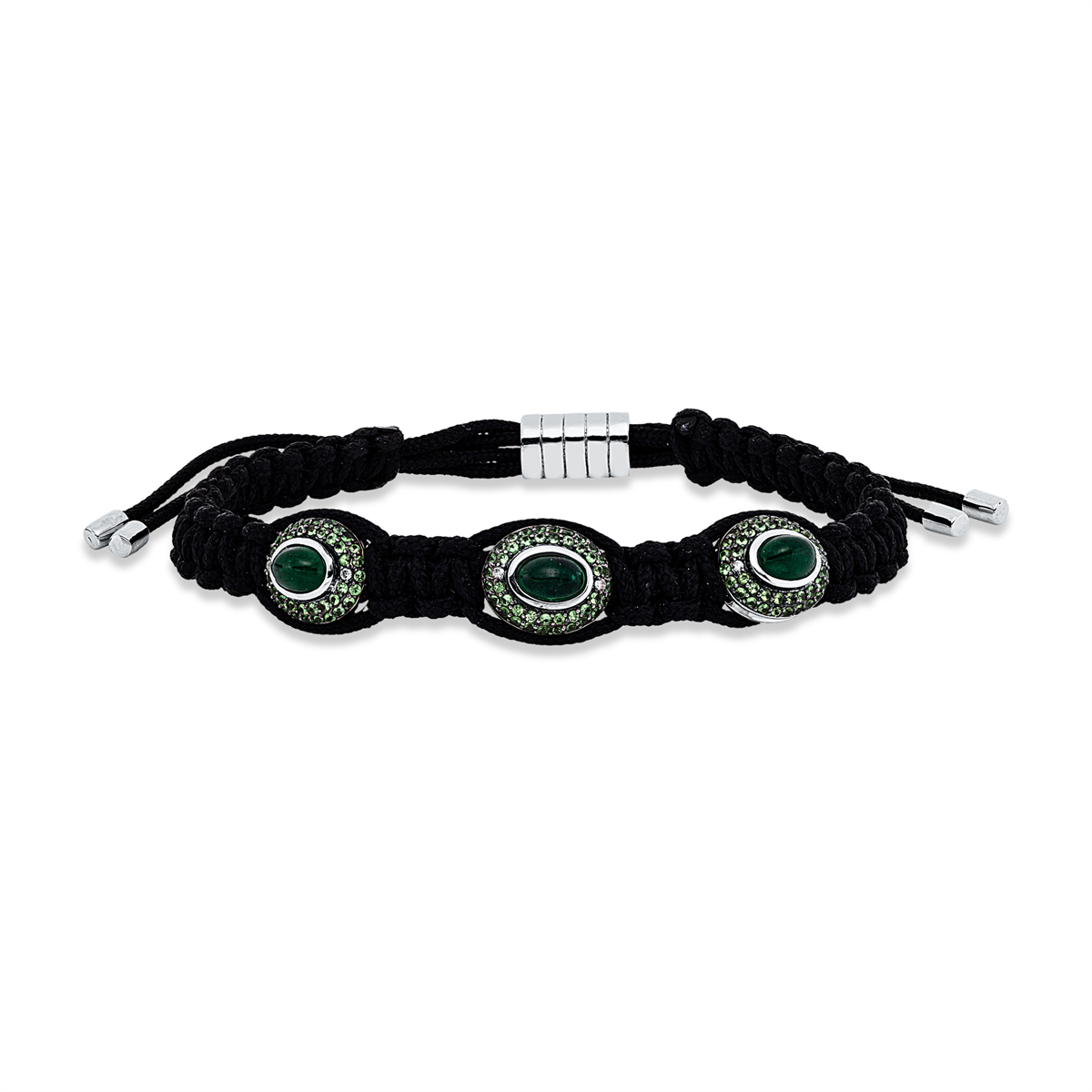 diamond full cut tsavorite leather & textile band bracelet in white gold