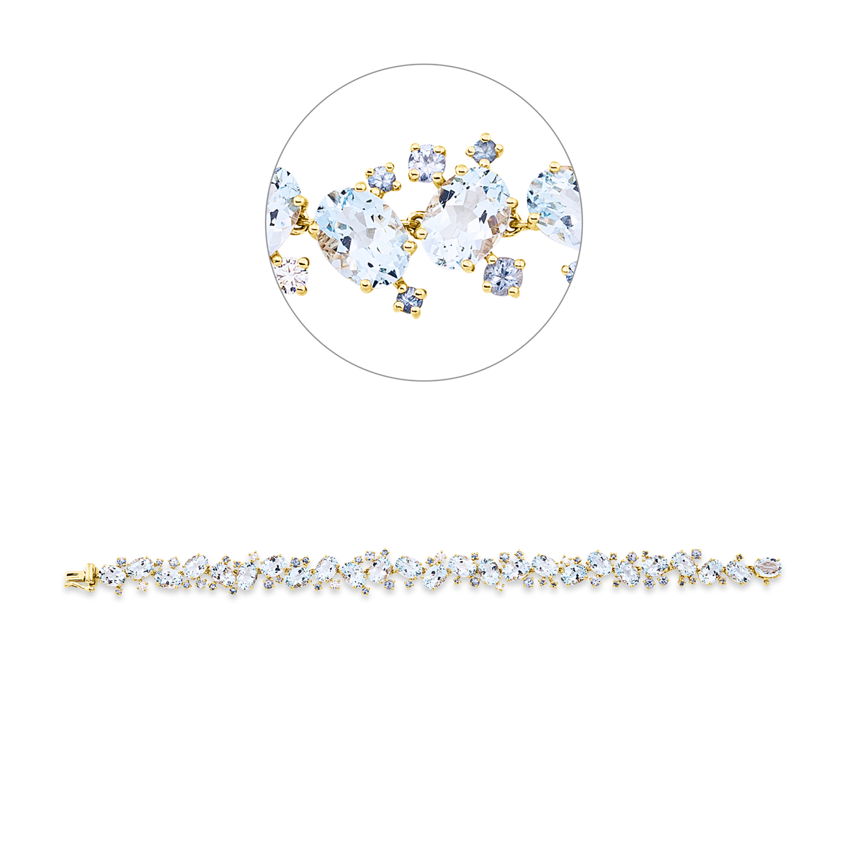 diamond full cut aquamarine colored stone classic bracelet in yellow gold