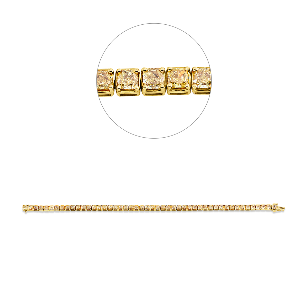 cushion fancy colored diamond bracelet in yellow gold