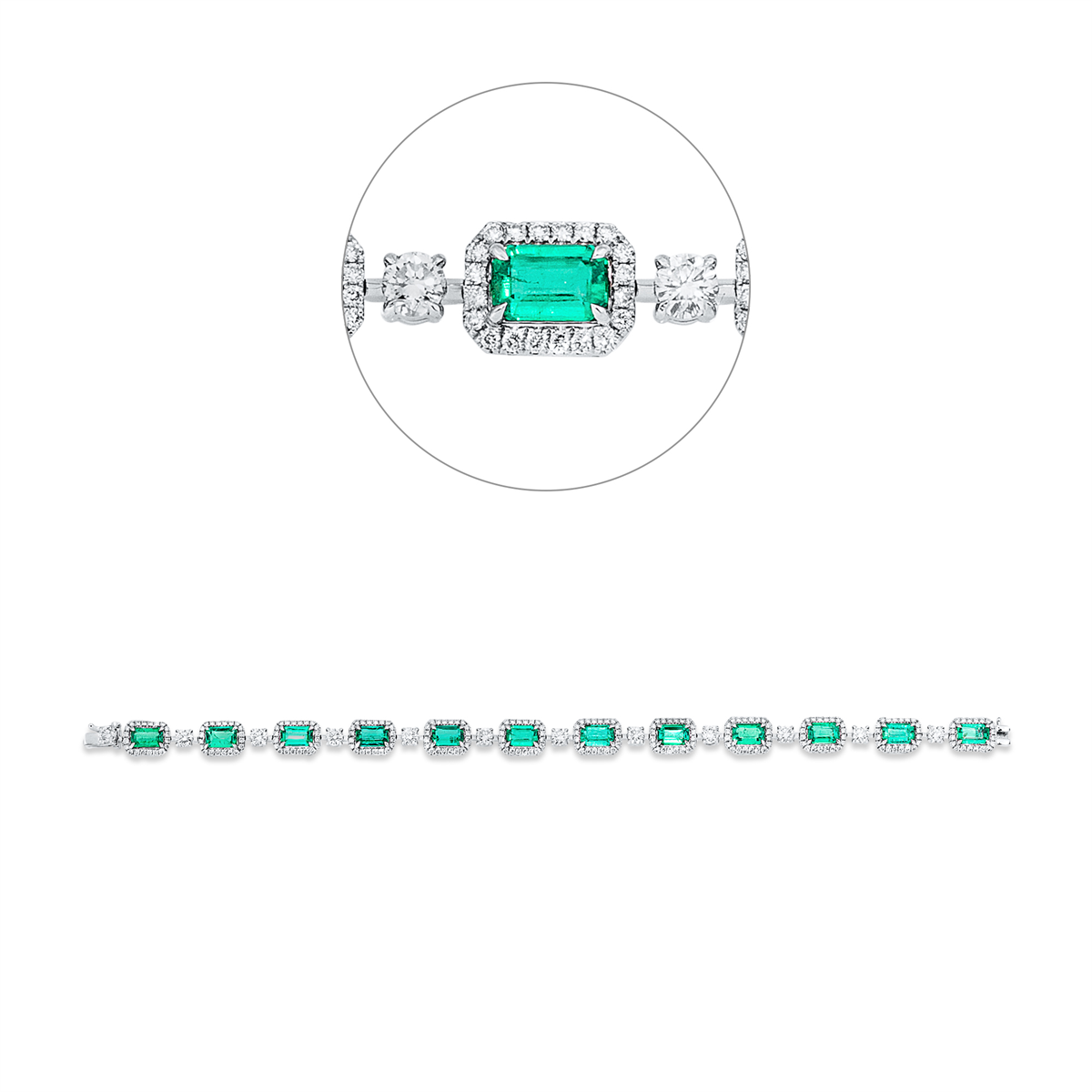 diamond full cut emerald colored stone classic bracelet in white gold