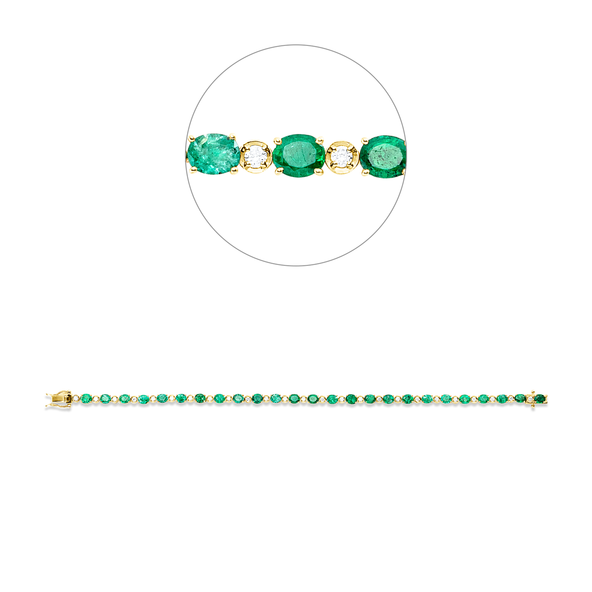 diamond full cut emerald colored stone classic bracelet in yellow gold