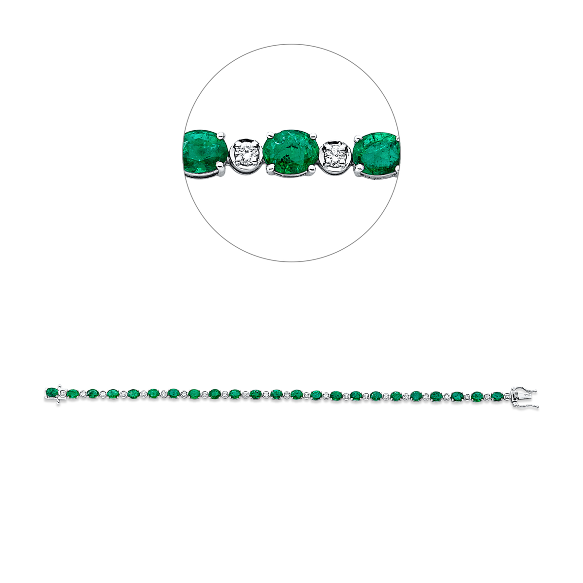 diamond full cut emerald colored stone classic bracelet in white gold