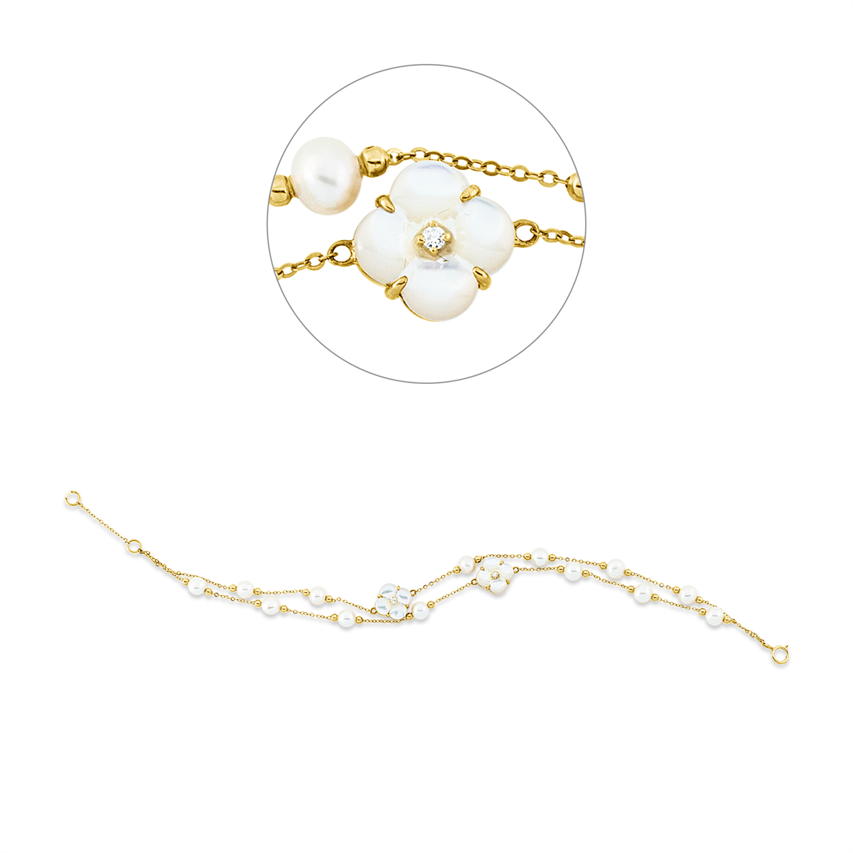 diamond full cut MOP pearl bracelet in yellow gold