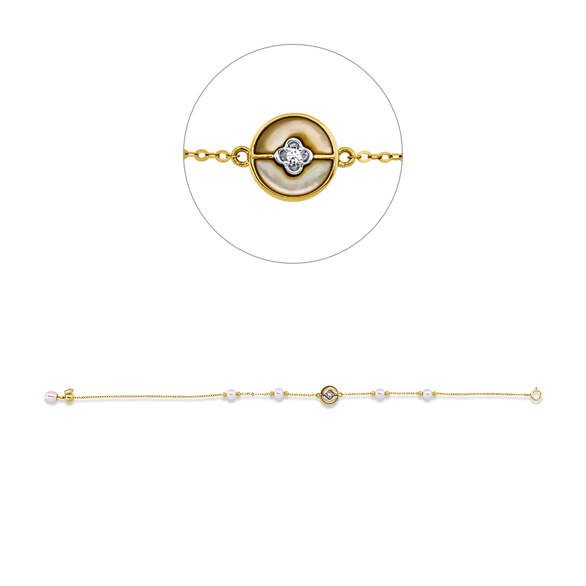 diamond full cut MOP pearl bracelet in yellow gold