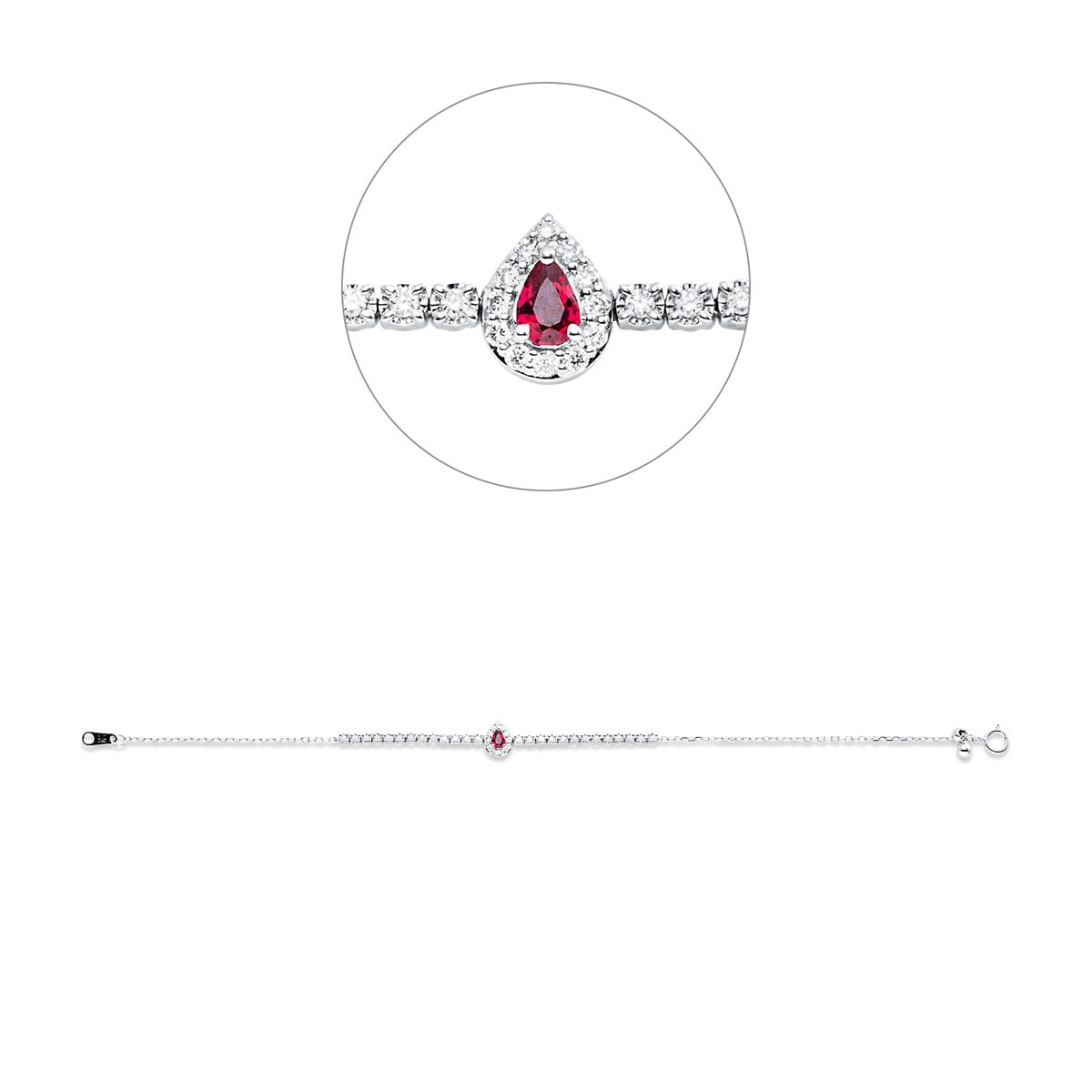 diamond full cut ruby colored stone classic bracelet in white gold