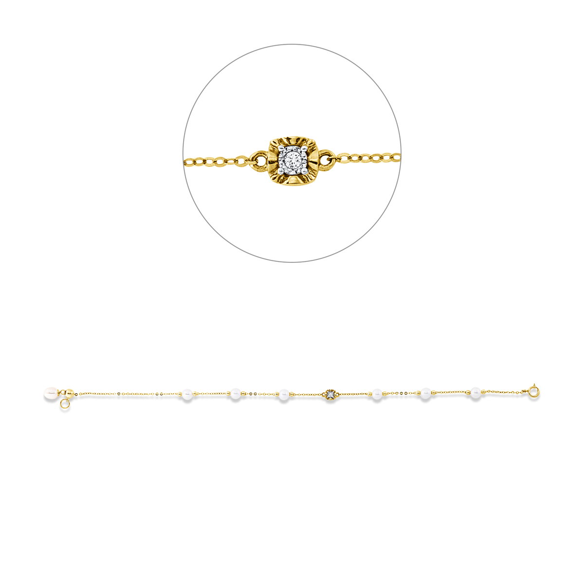 diamond full cut pearl bracelet in yellow gold