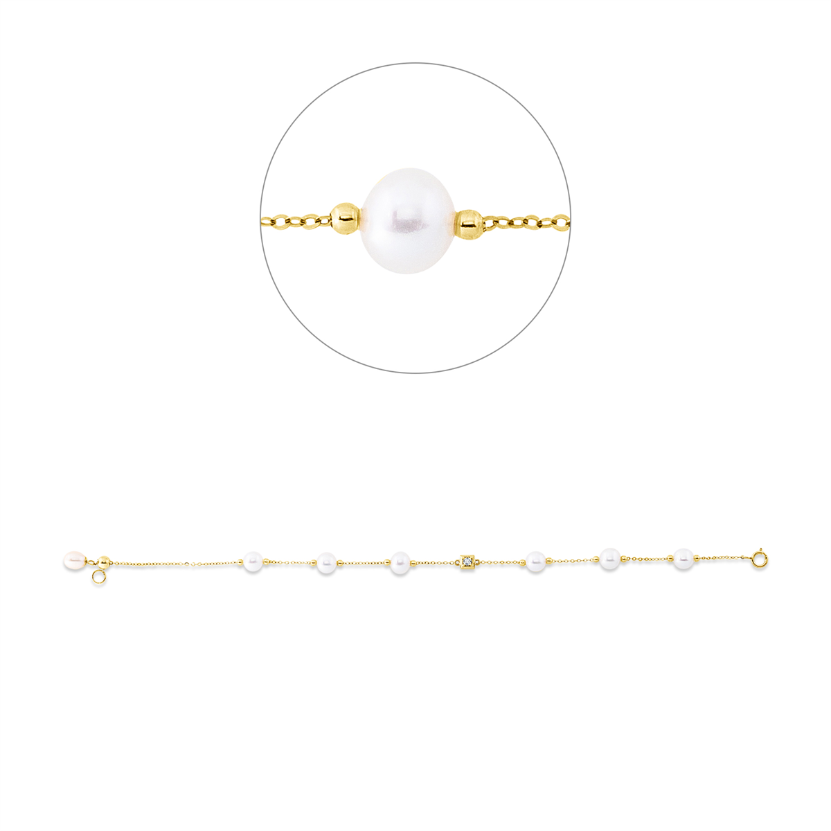 diamond full cut pearl bracelet in yellow gold