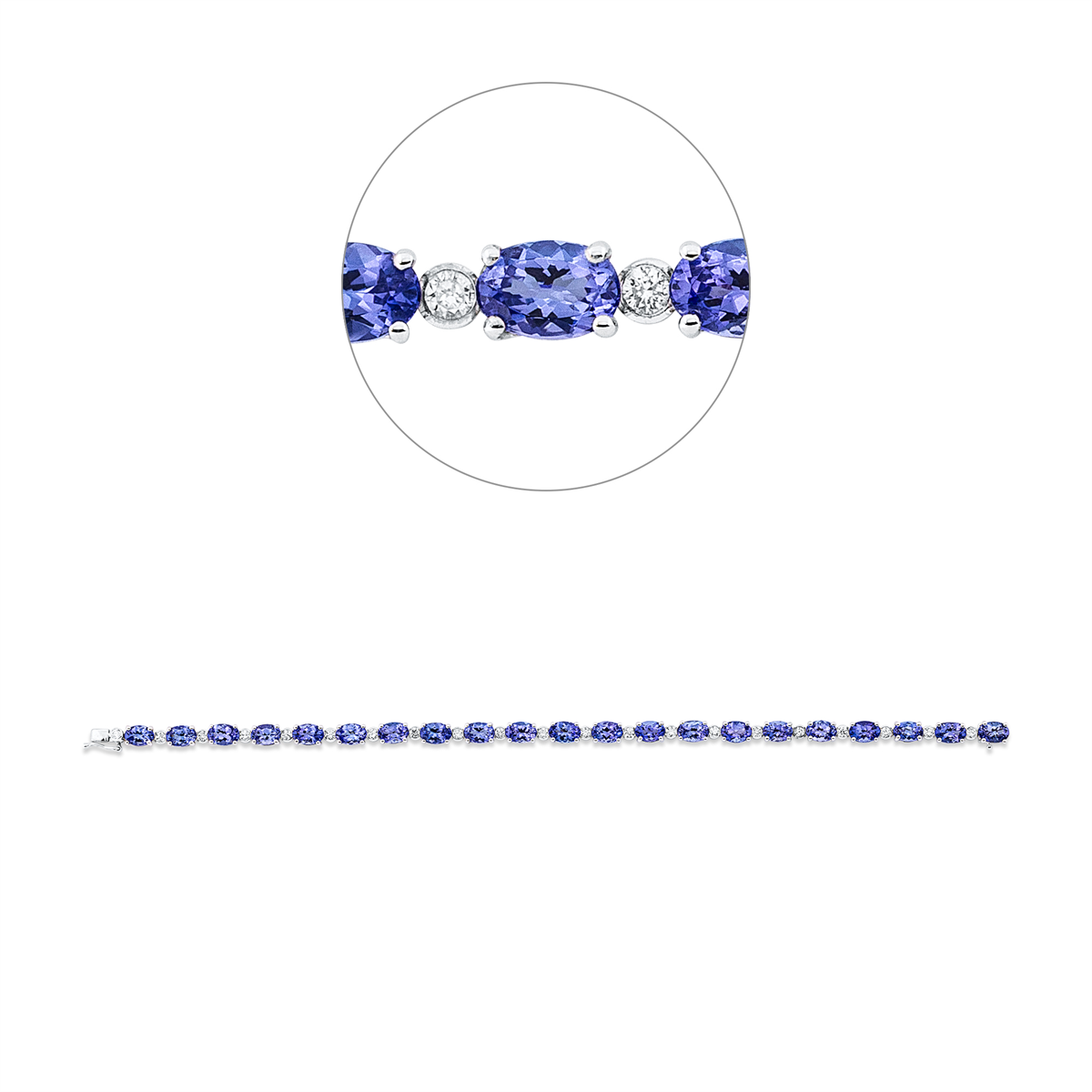 diamond full cut tanzanite colored stone classic bracelet in white gold
