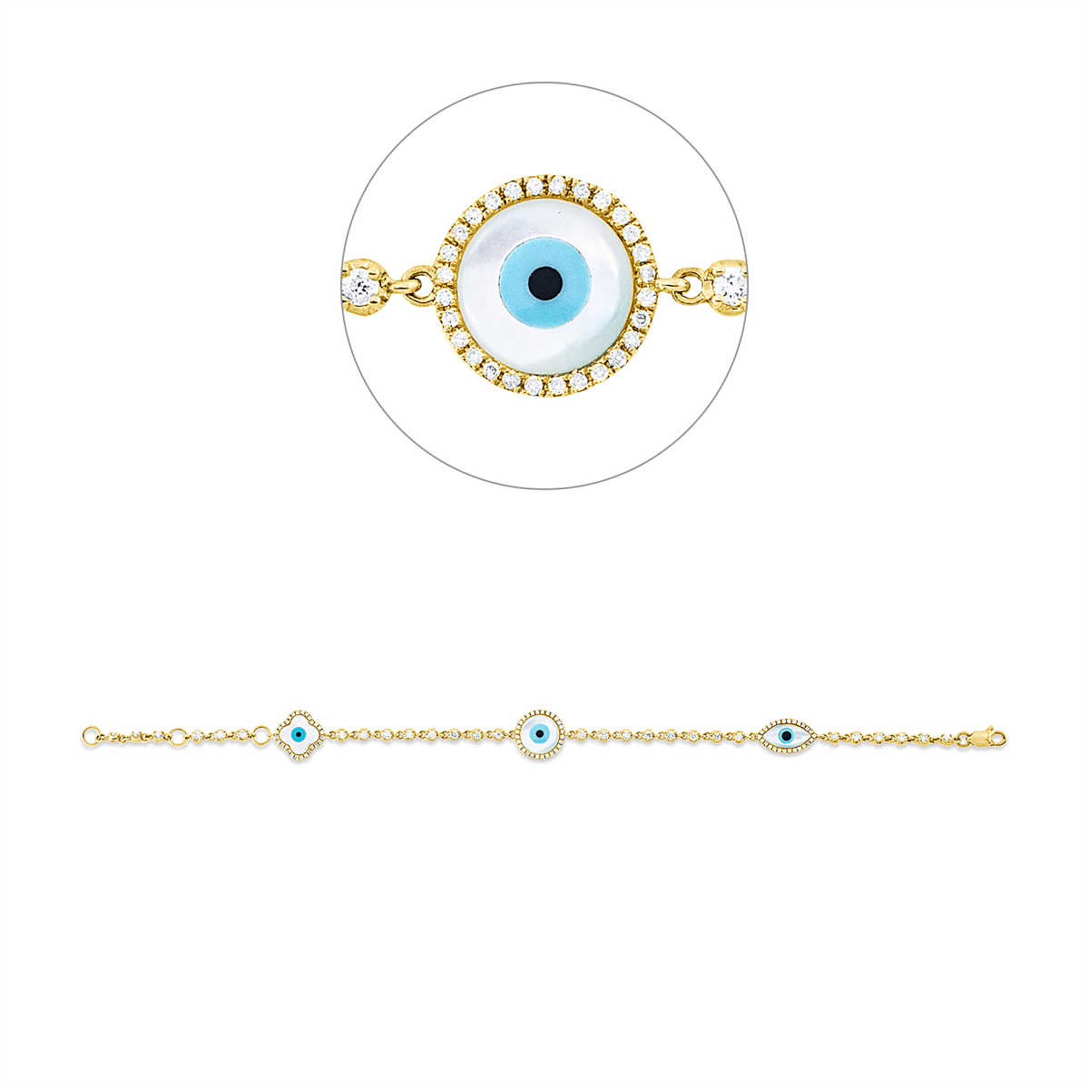 diamond full cut MOP colored stone fashion bracelet in yellow gold