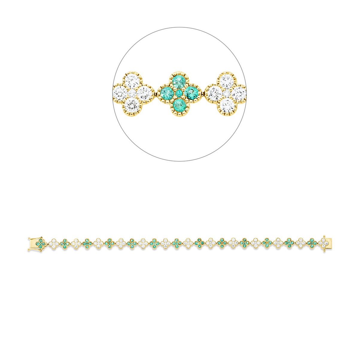 diamond full cut emerald colored stone classic bracelet in yellow gold