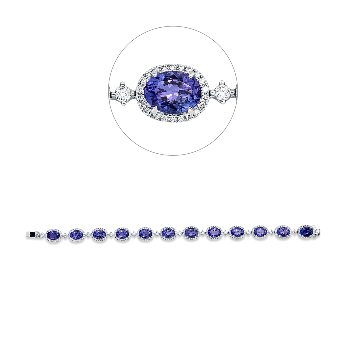diamond full cut tanzanite colored stone classic bracelet in white gold