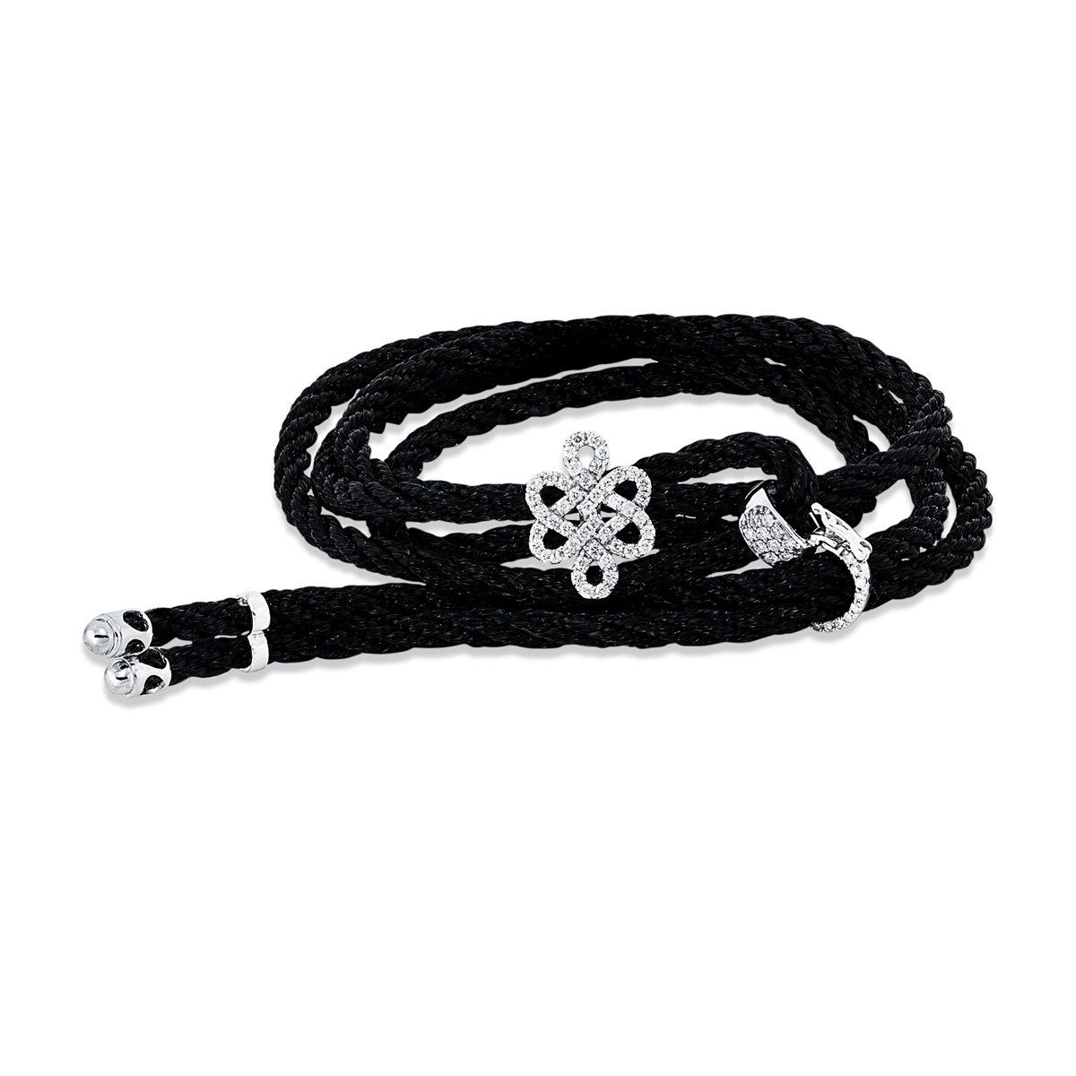 diamond full cut leather & textile band bracelet in white gold