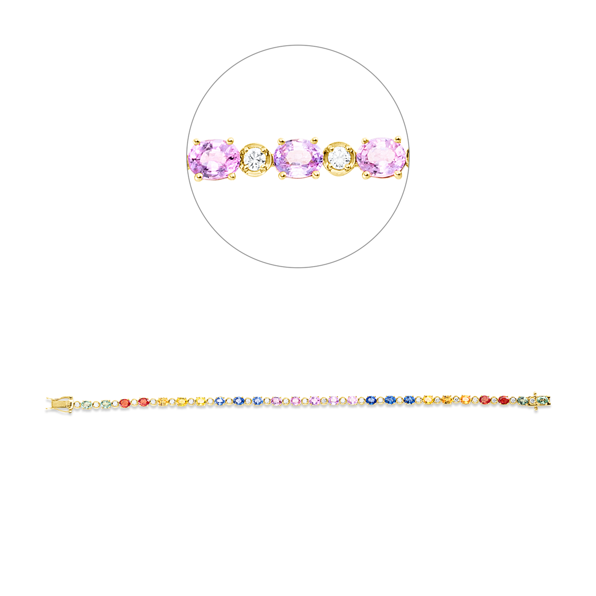 diamond full cut sapphire rainbow & multicolor bracelet in yellow gold