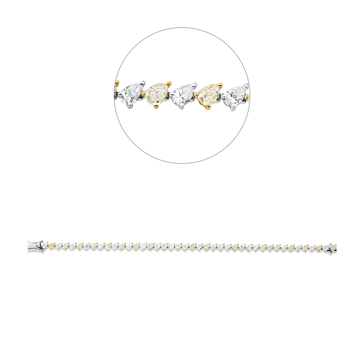 pear shape fancy colored diamond bracelet in white gold / yellow gold