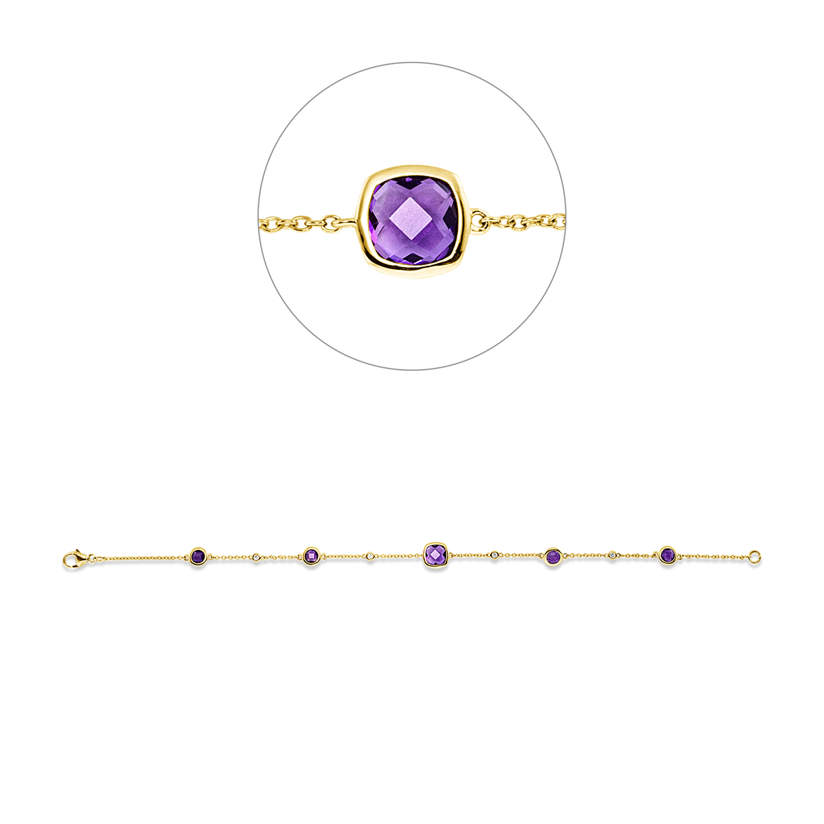 diamond full cut amethyst colored stone fashion bracelet in yellow gold