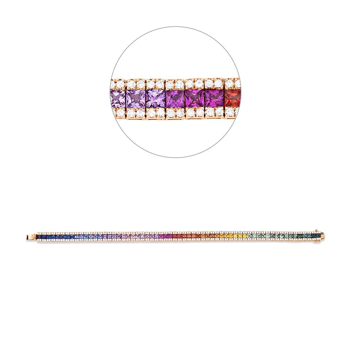 diamond full cut sapphire colored stone classic bracelet in red gold