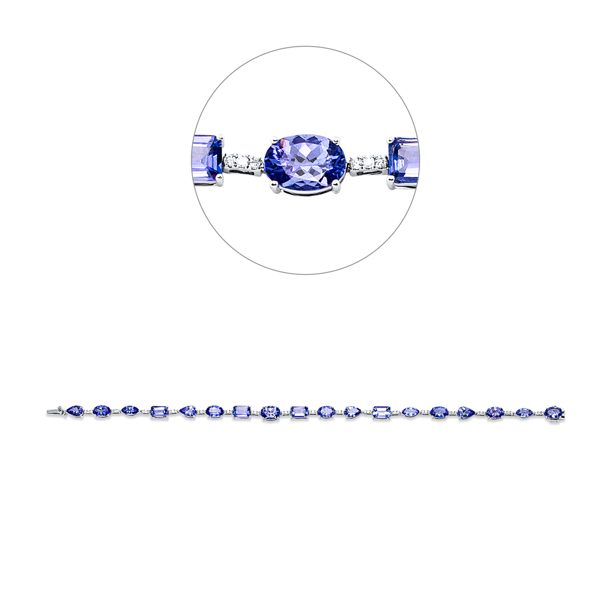 diamond full cut tanzanite colored stone classic bracelet in white gold