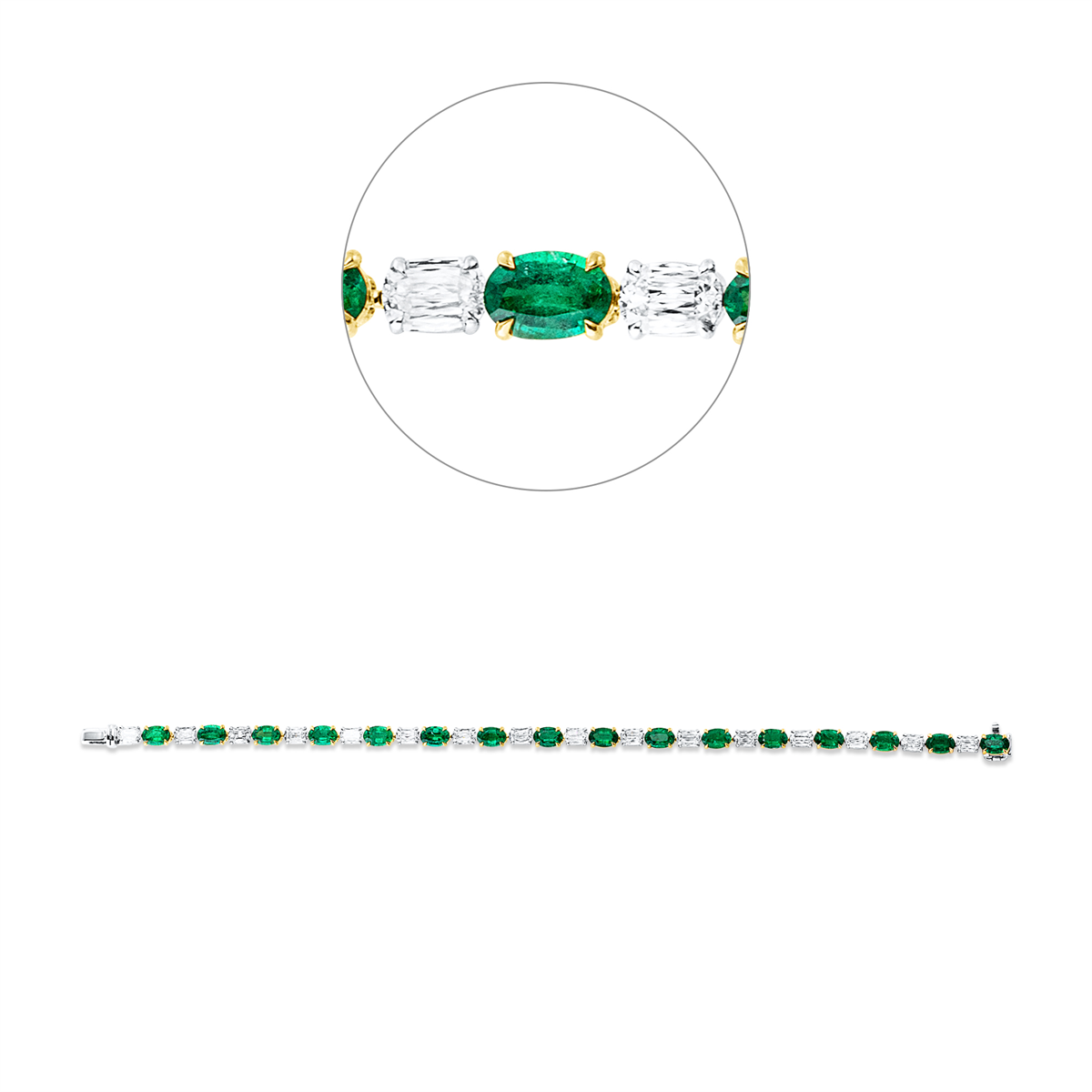 fantasy-cut emerald colored stone classic bracelet in white gold / yellow gold