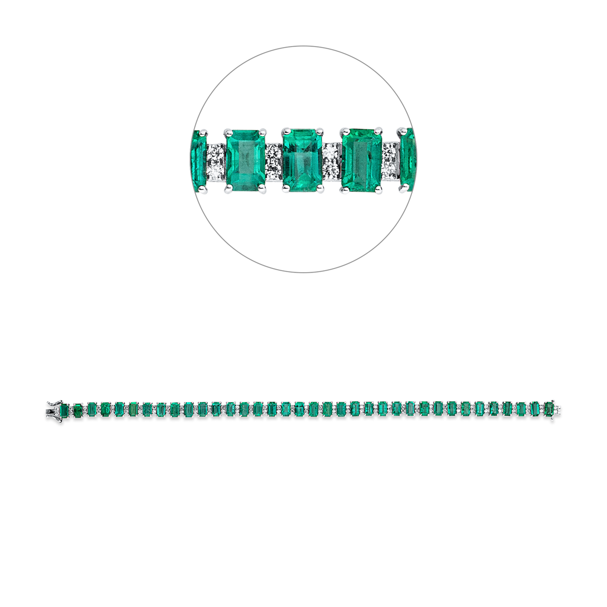 diamond full cut emerald colored stone classic bracelet in white gold
