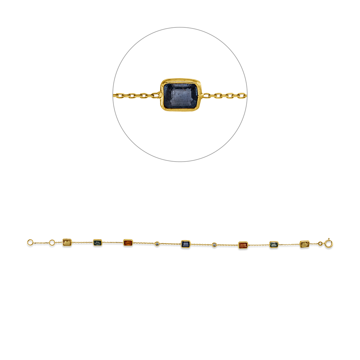 diamond full cut sapphire colored stone classic bracelet in yellow gold