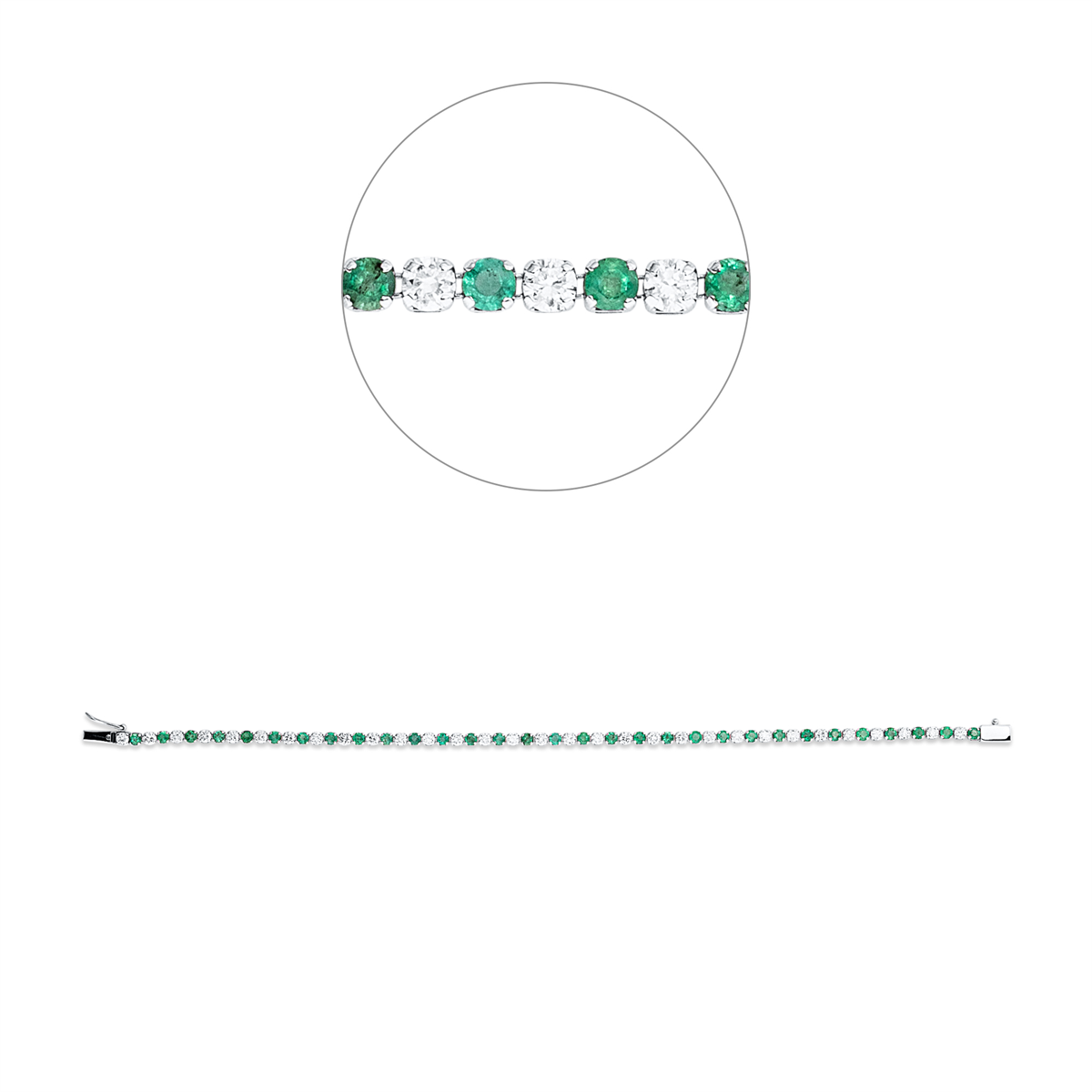 diamond full cut emerald colored stone classic bracelet in white gold