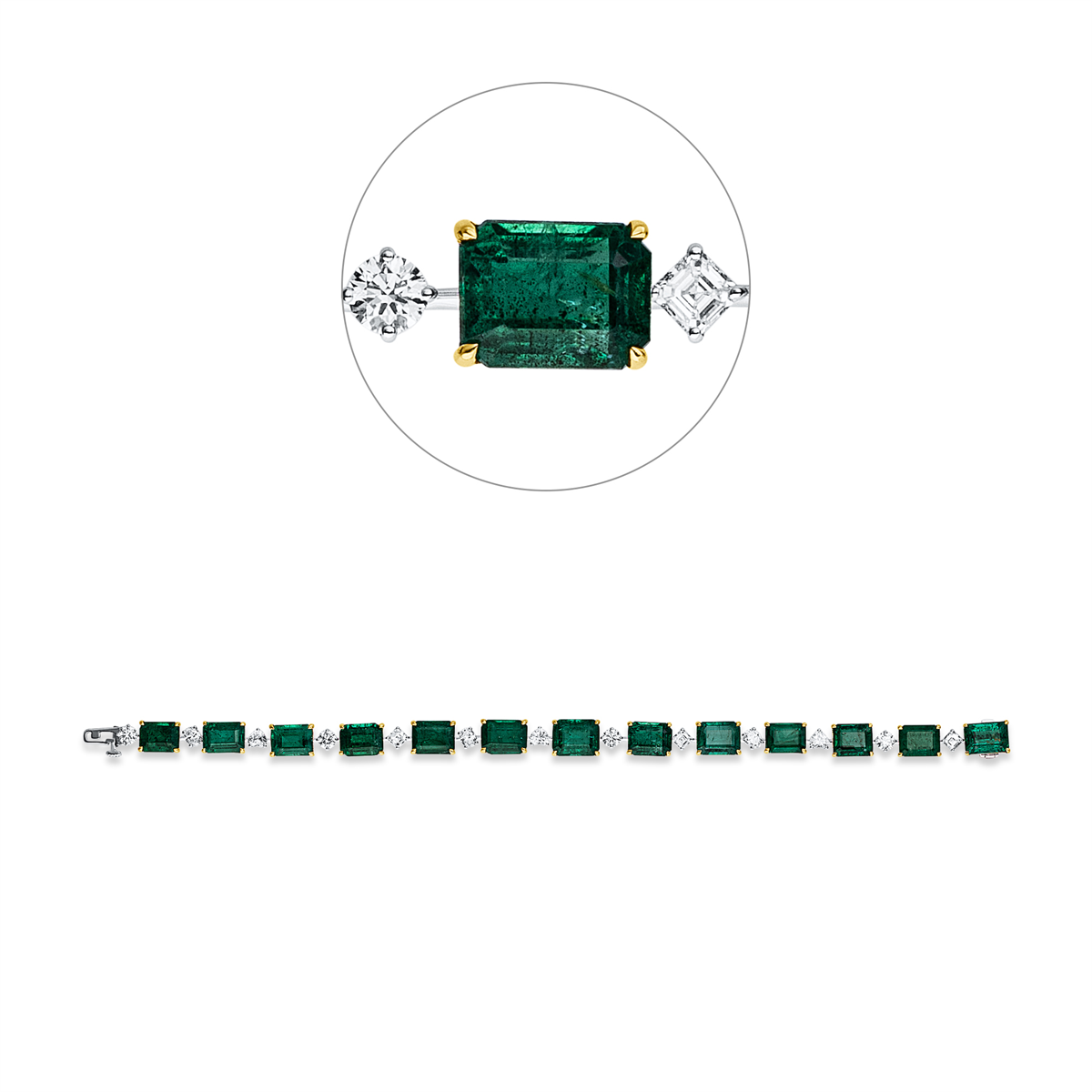 fantasy-cut emerald colored stone classic bracelet in white gold
