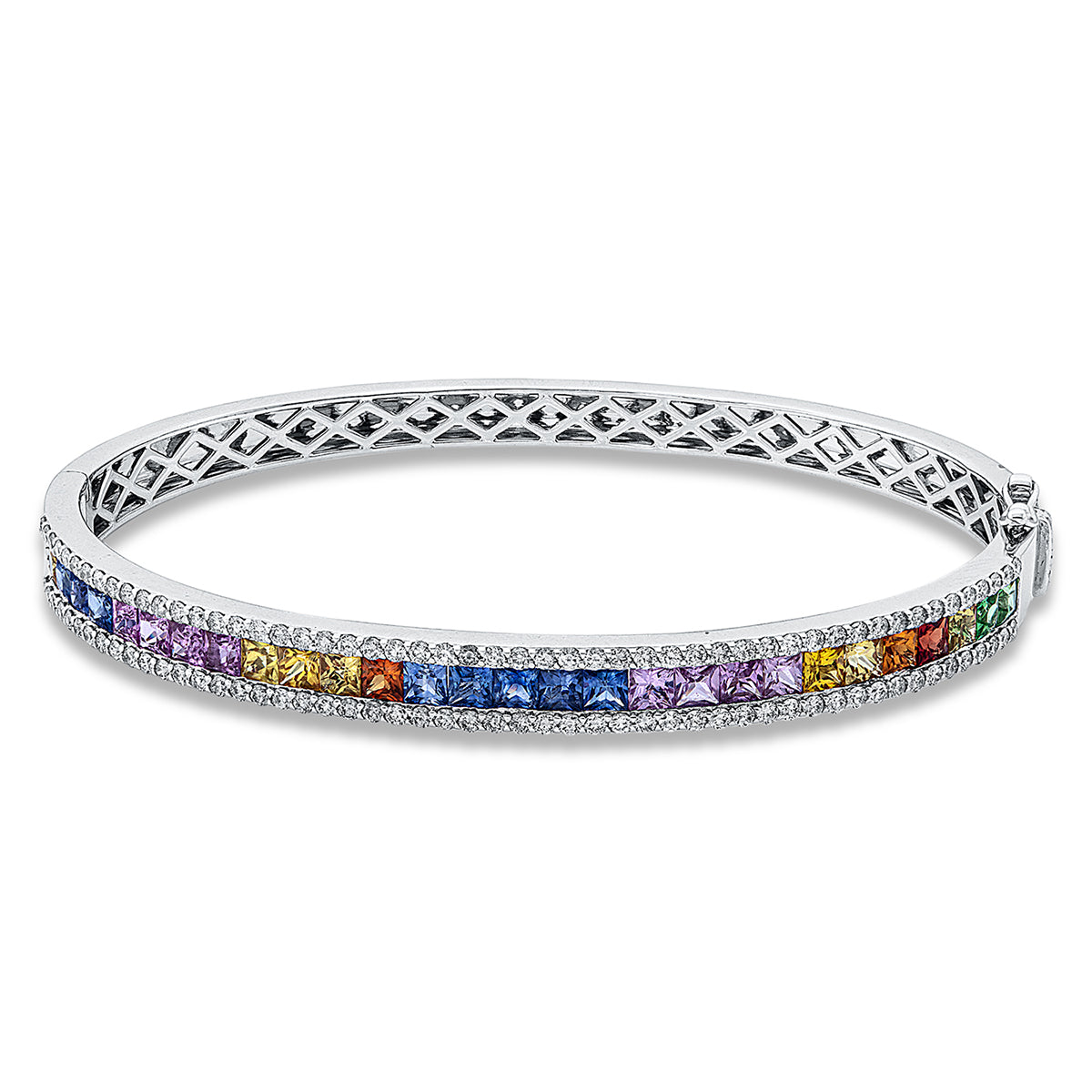 diamond full cut sapphire colored stone classic bangle in white gold