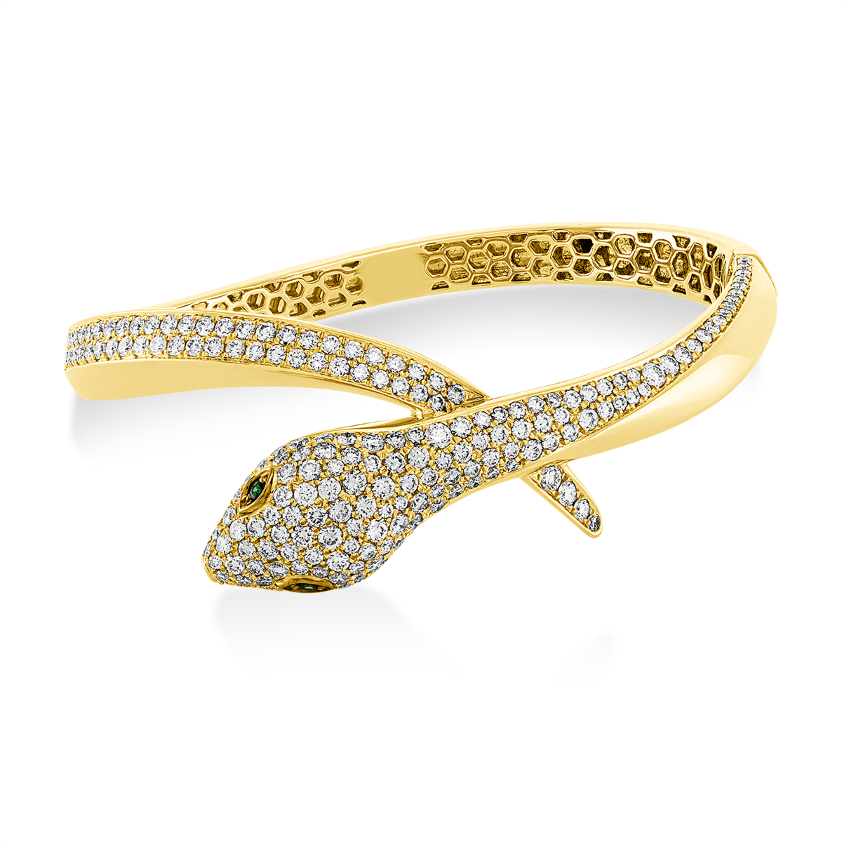 diamond full cut tsavorite animal bangle in yellow gold