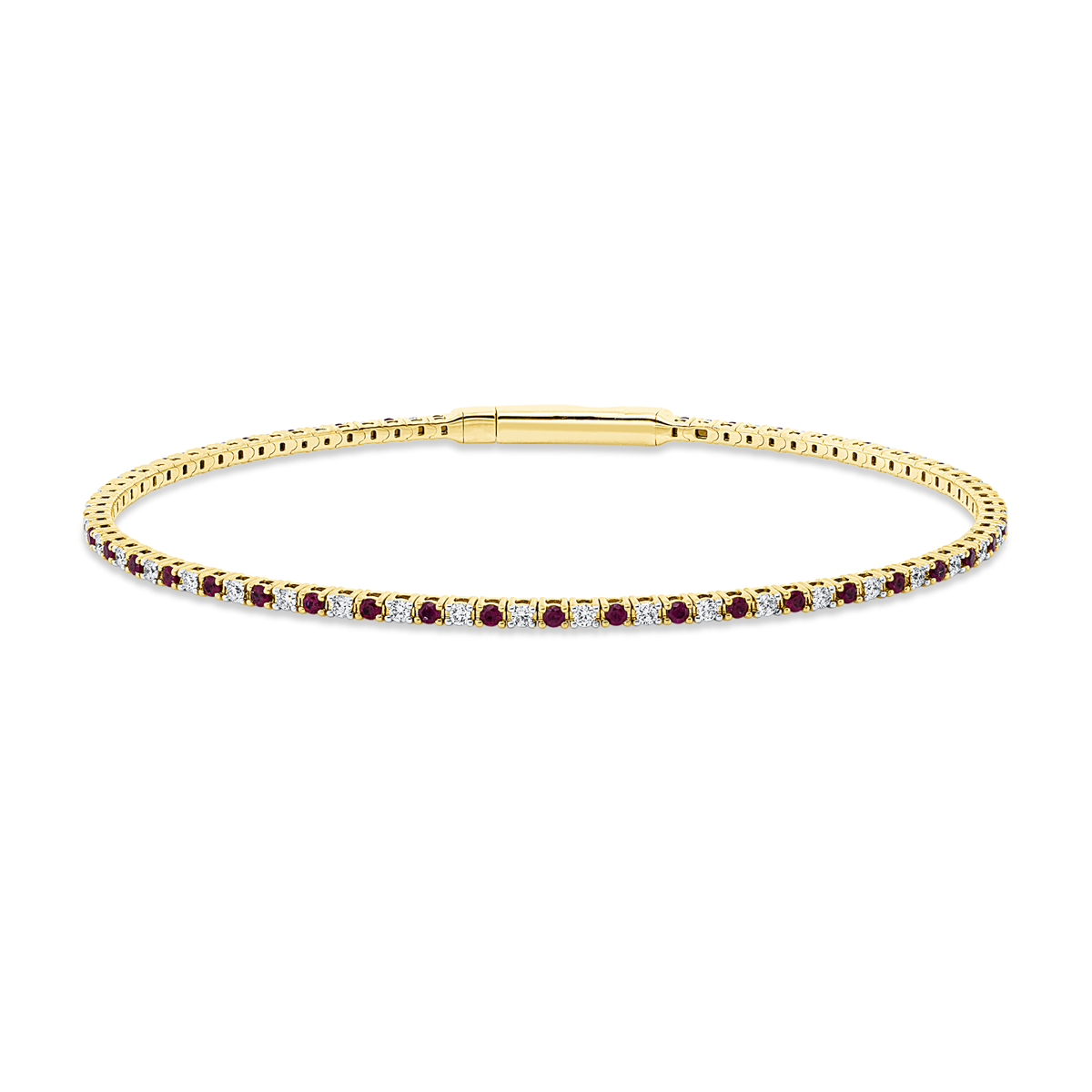 diamond full cut ruby colored stone classic bangle in yellow gold