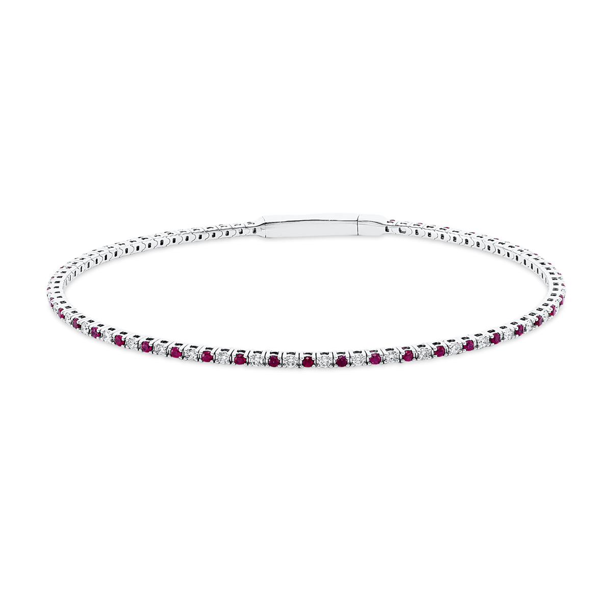 diamond full cut ruby colored stone classic bangle in white gold