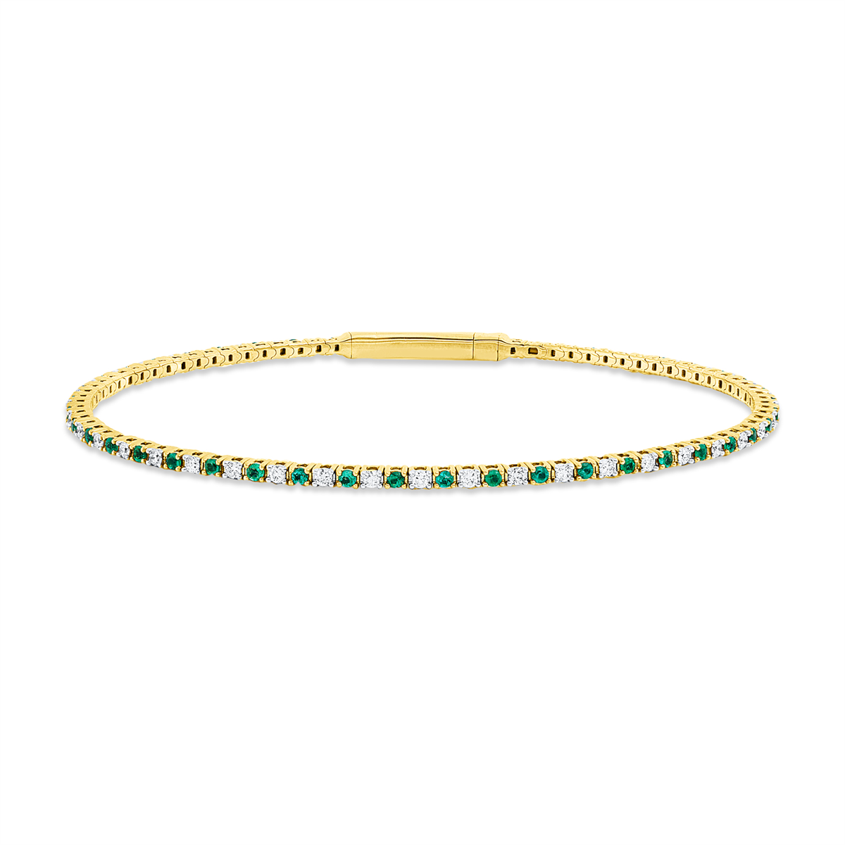 diamond full cut emerald colored stone classic bangle in yellow gold