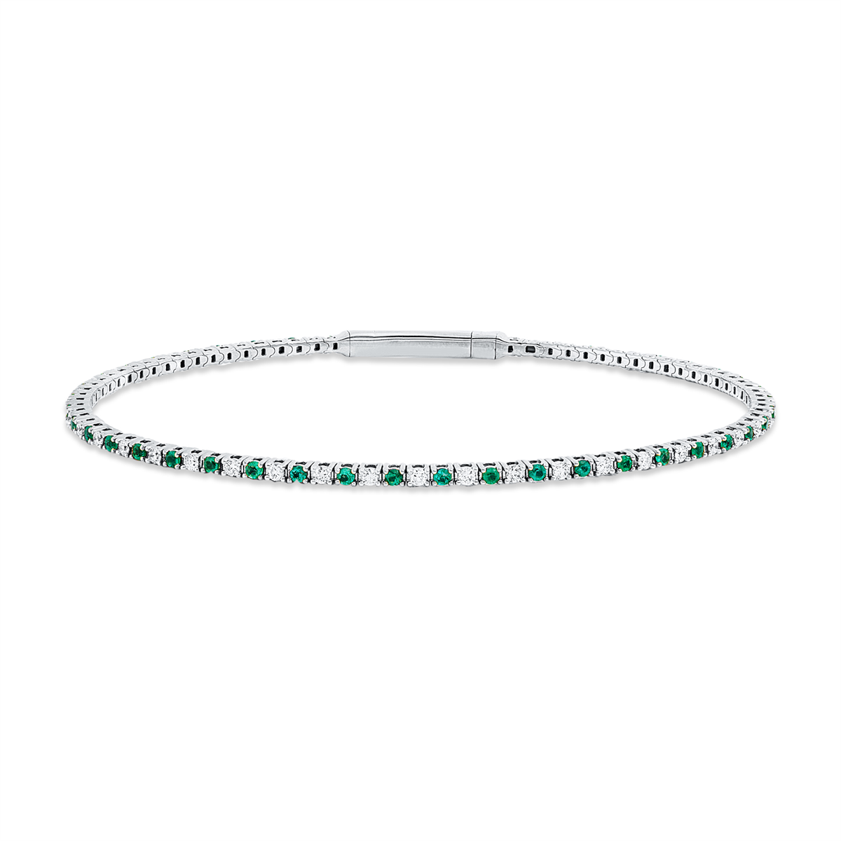 diamond full cut emerald colored stone classic bangle in white gold