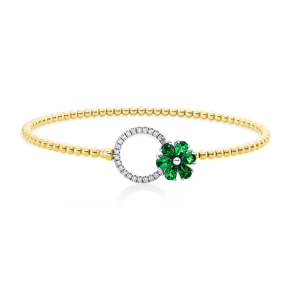 diamond full cut tsavorite colored stone fashion bangle in yellow gold / white gold