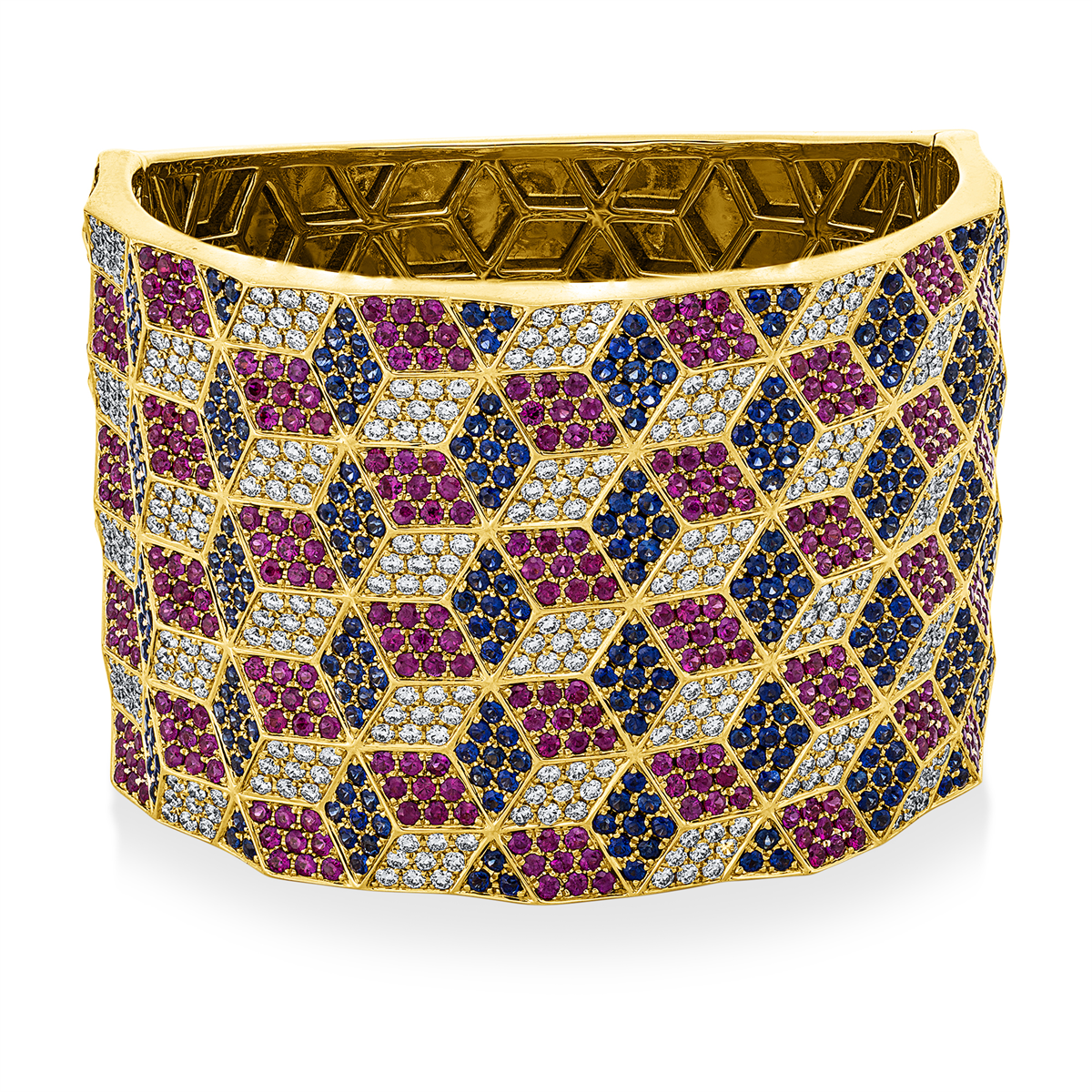 diamond full cut ruby colored stone classic bangle in yellow gold