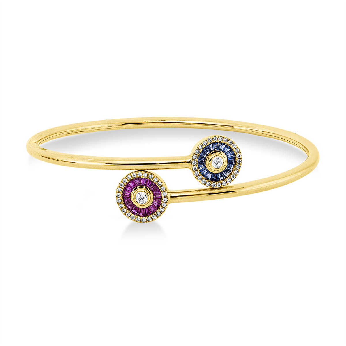 diamond full cut sapphire colored stone classic bangle in yellow gold
