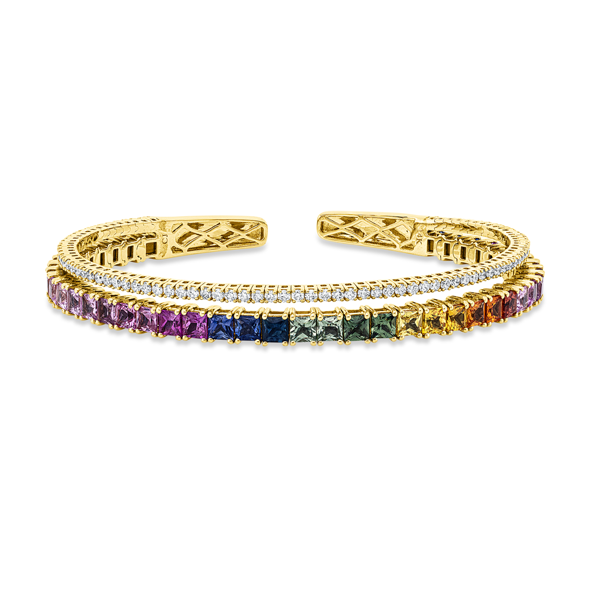 diamond full cut sapphire rainbow & multicolor bangle in yellow gold