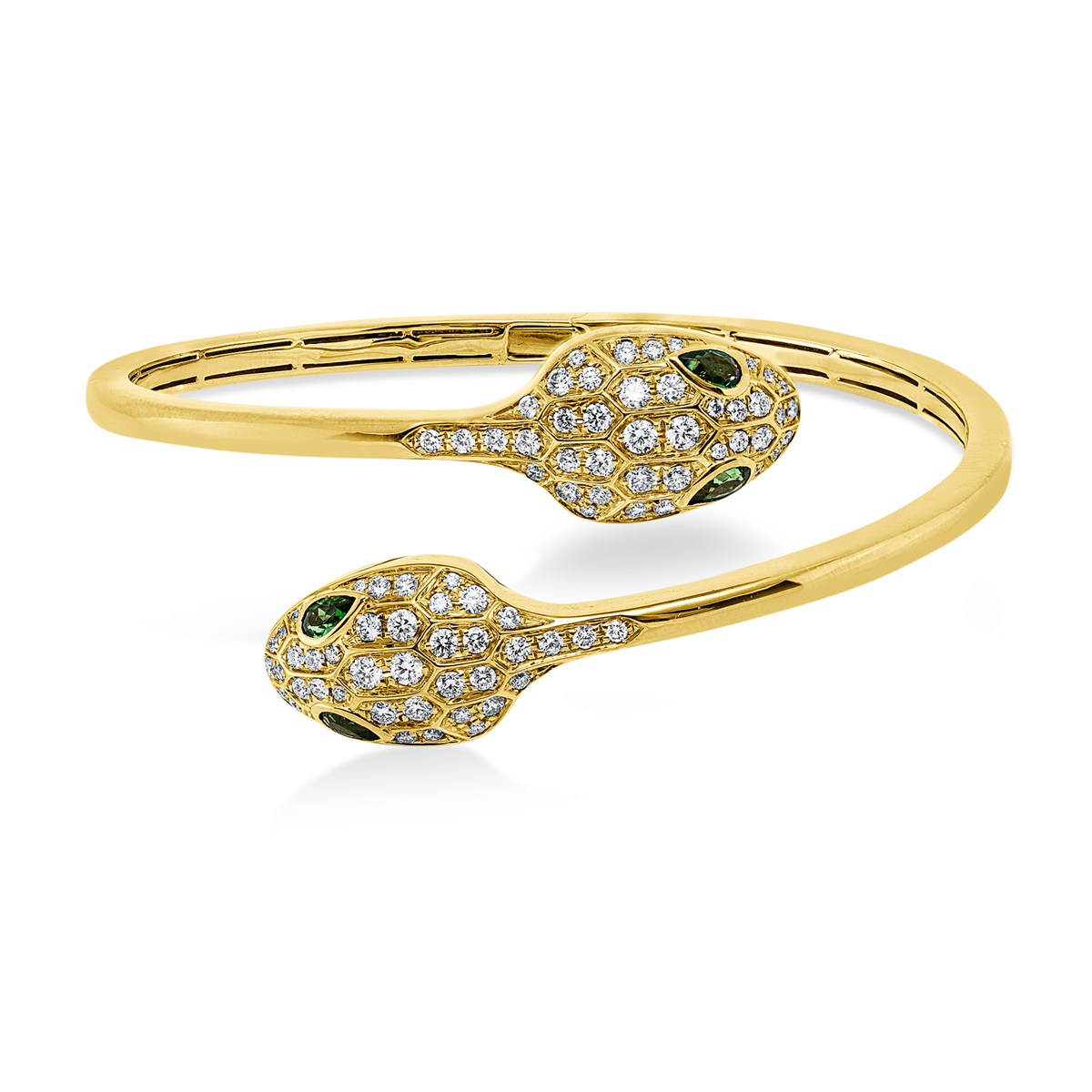 diamond full cut tsavorite animal bangle in yellow gold