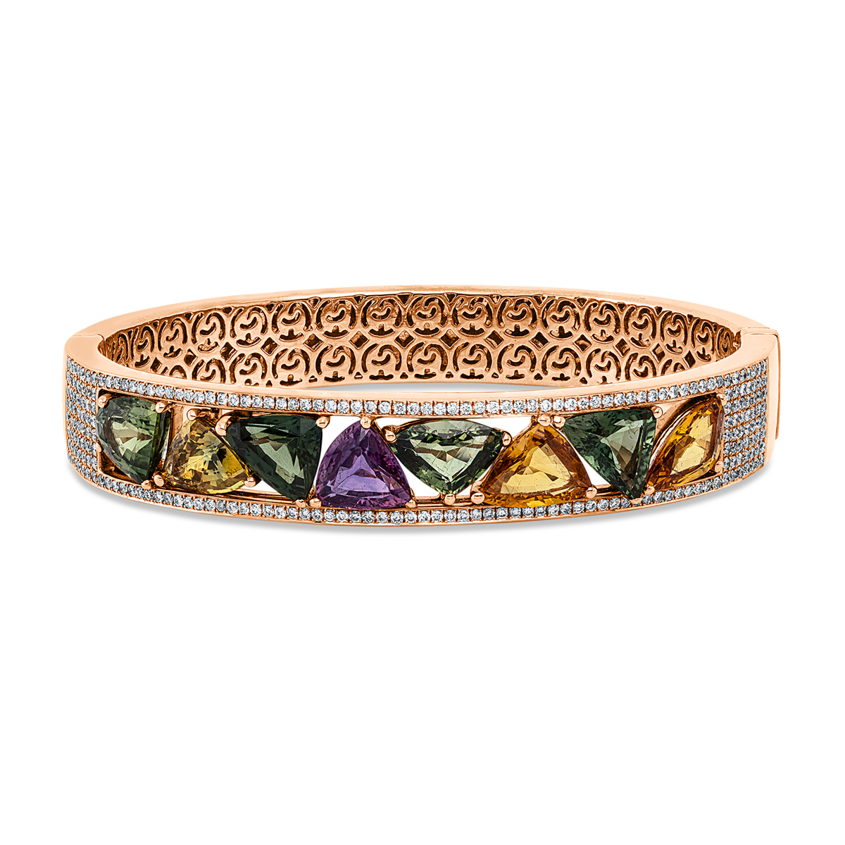 diamond full cut sapphire colored stone classic bangle in red gold