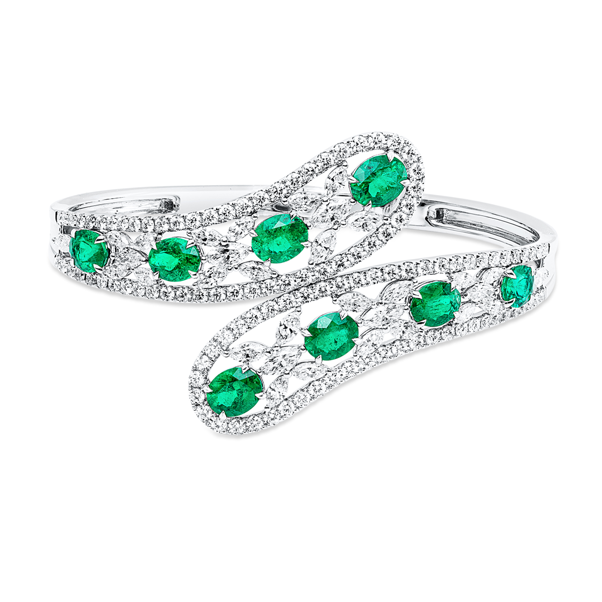 marquise emerald colored stone classic bangle in white gold