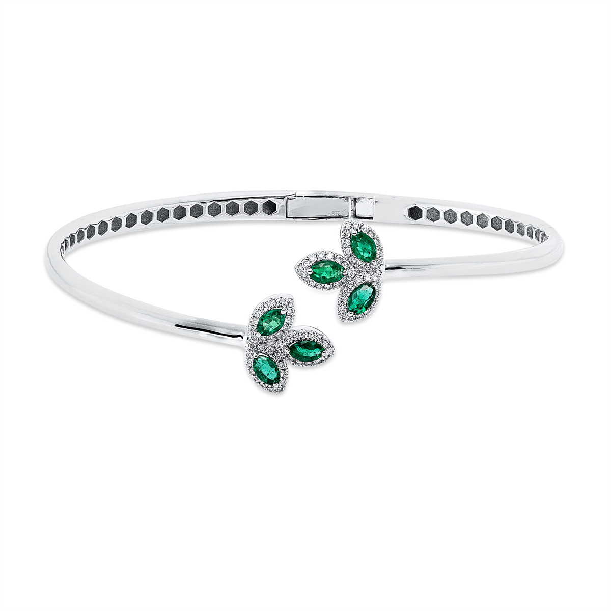 diamond full cut emerald colored stone classic bangle in white gold